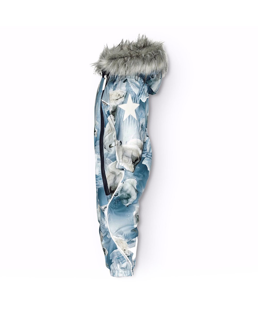 Pyxis Fur - Polar Bear Joy - Children's snowsuit in recycled polyester with a print of playful polar bears among ice floes in shades of blue.