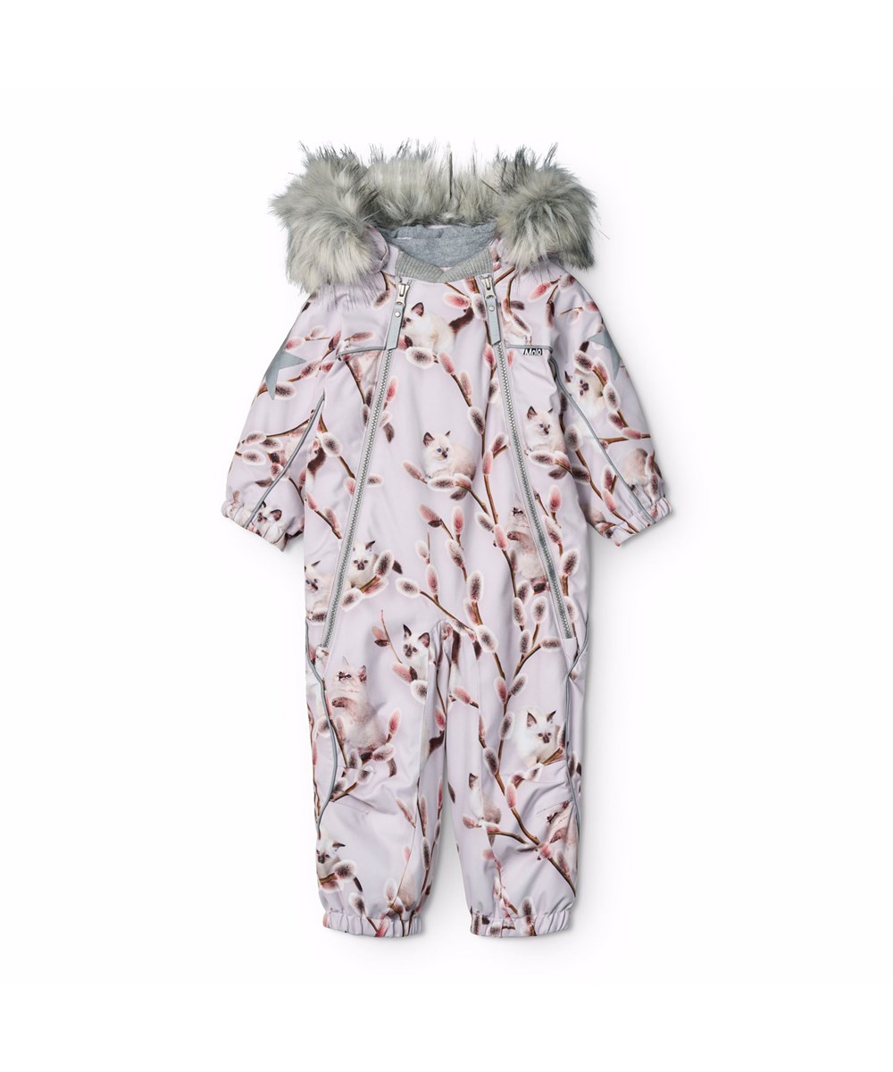 Pyxis Fur - Willow Kitten - Purple wind and waterproof snowsuit for a cold winter with a print of beautiful gosling branches and white kitten made in recycled polyester and padded with 3M™ Thinsulate™.