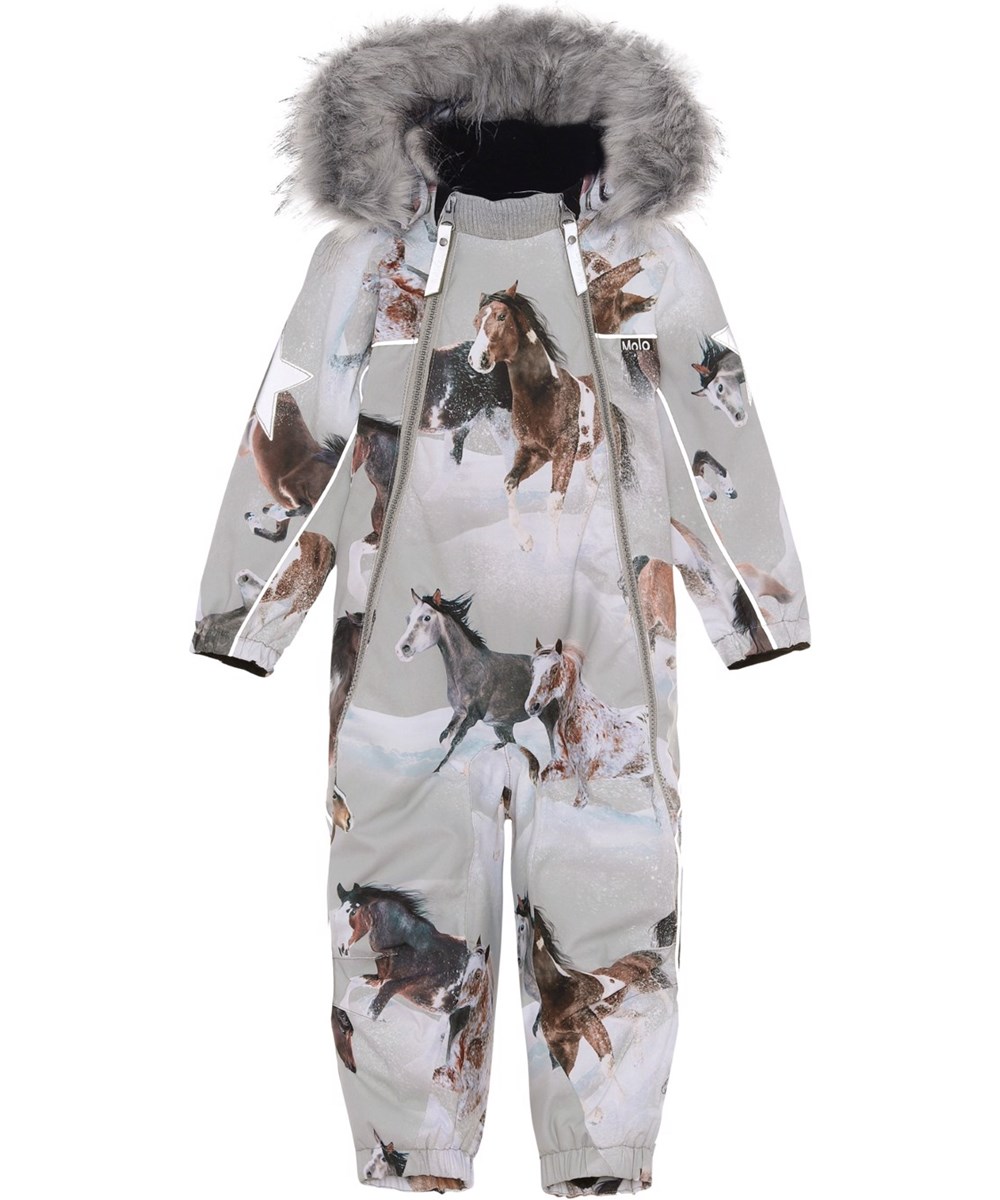 Pyxis Fur - Winter Horses - Recycled light grey snowsuit with horse print 