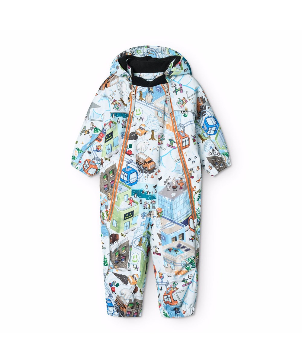 Pyxis - Pixel Winter - Wind and waterproof snowsuit for a cold winter made from recycled polyester, featuring a pixelated print of the real world, fun characters from Molo's collections, and padded with 3M™ Thinsulate™.