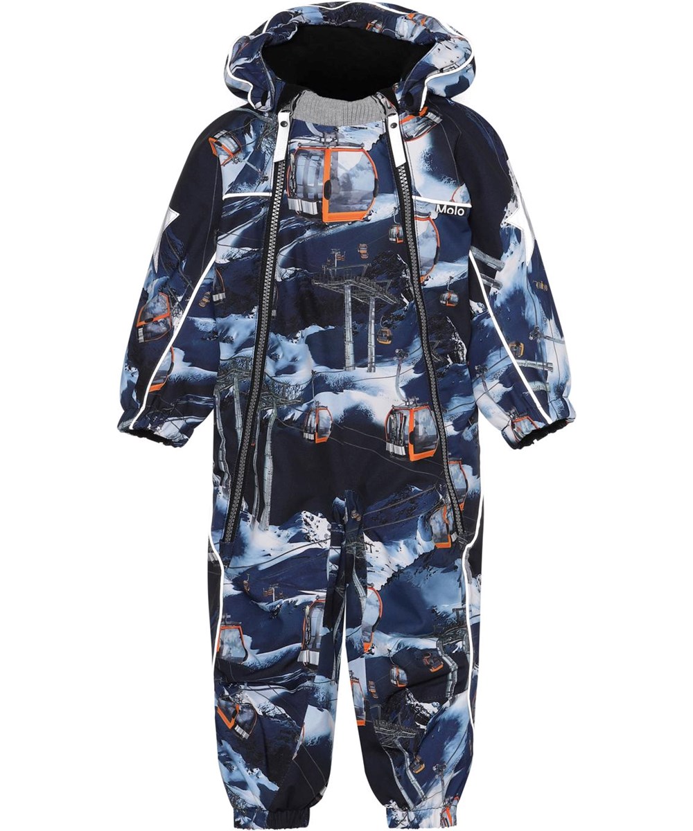 Pyxis - Way Up - Recycled baby snowsuit in blue with ski lifts 