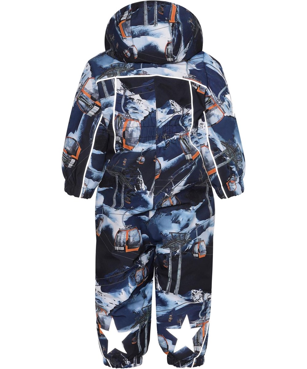 Pyxis - Way Up - Recycled baby snowsuit in blue with ski lifts 