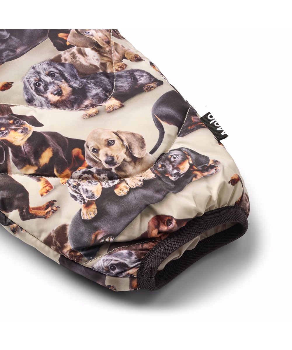 Percy - Dashshund Soft - Vandafvisende beige termobukser til de mindste med print af hunde i sorte og brune nuancer. Termobukserne er til de mindste med brune kantbånd.