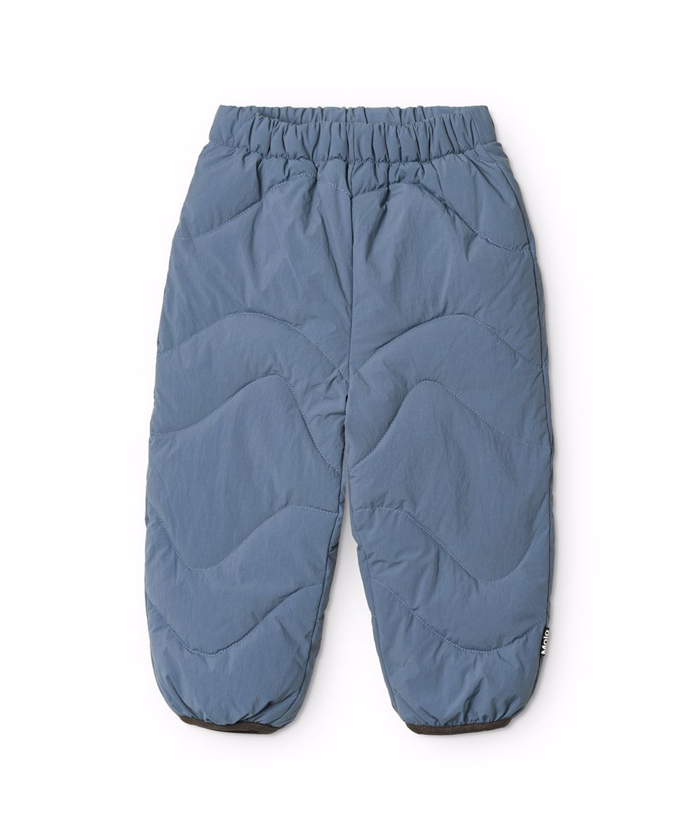 Percy - Evening Sky - Vandafvisende mørkeblå termobukseri genanvendt polyester. Termobukserne er til de mindste med brune kantbånd.