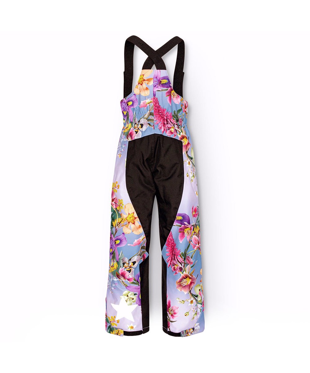 Play Pro - Gradient Bloom - Vind- og vandtætte overtrækker til en kold vinter i genanvendt polyester, med et print af smukke blomster i friske farver på en blå og lilla baggrund. Bukserne er foret med 3M™ Thinsulate™