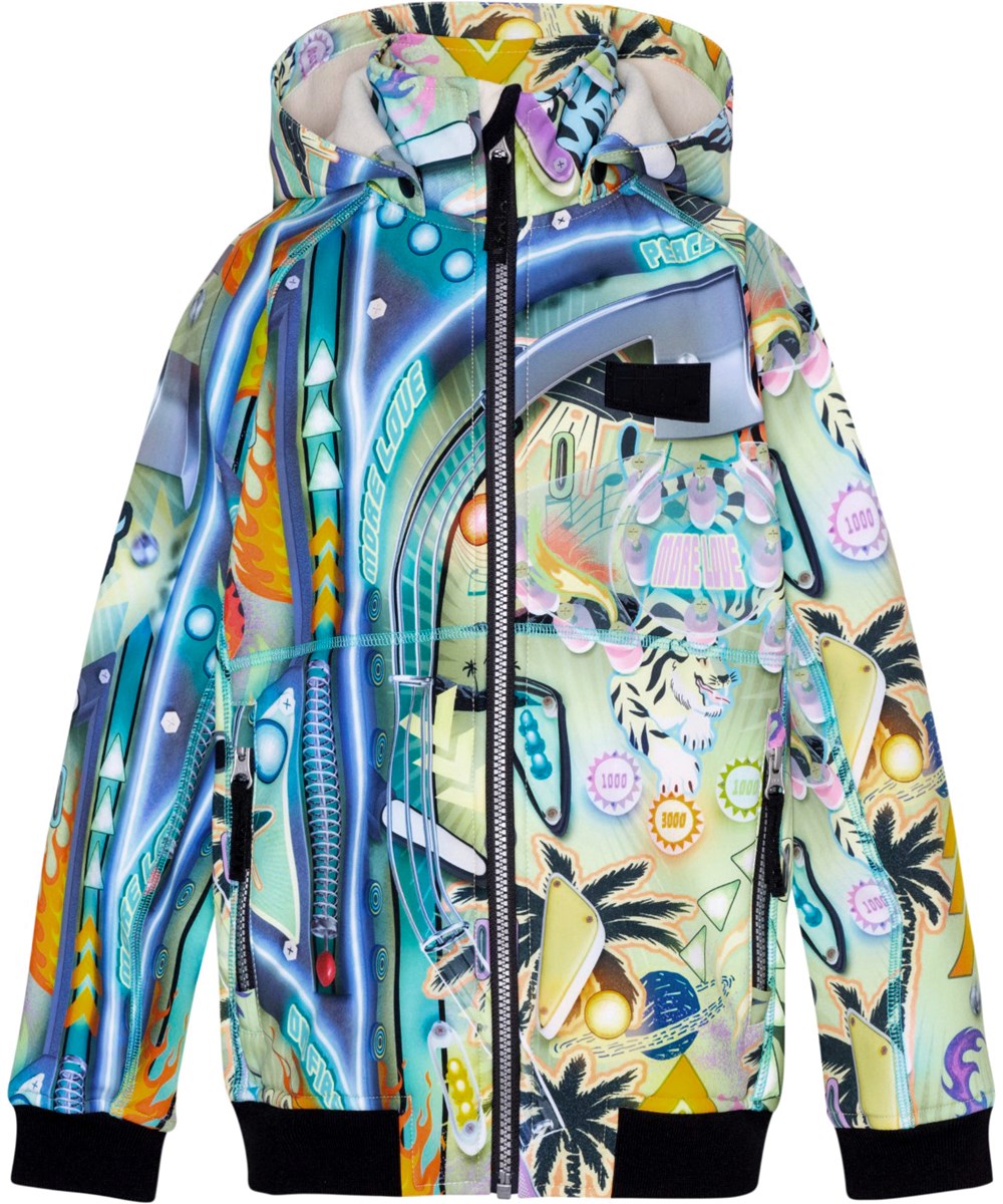 Cloudy - Pinball - Farverig softshell jakke til børn i delvist genanvendt polyester med print af en gammel pinball maskine.