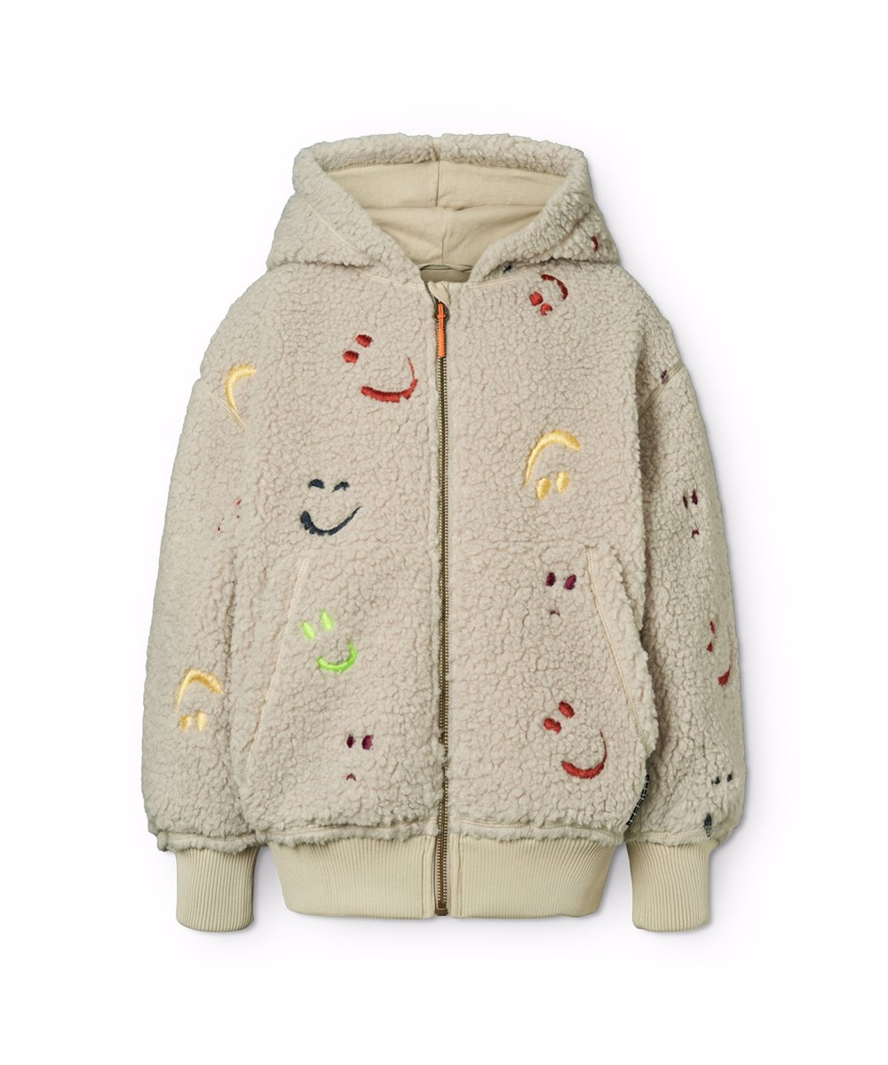 Hazzy - Teddy Emotions - Beige fleecejakke til børn i genanvendt polyester med broderet farverige smilende ansigter.