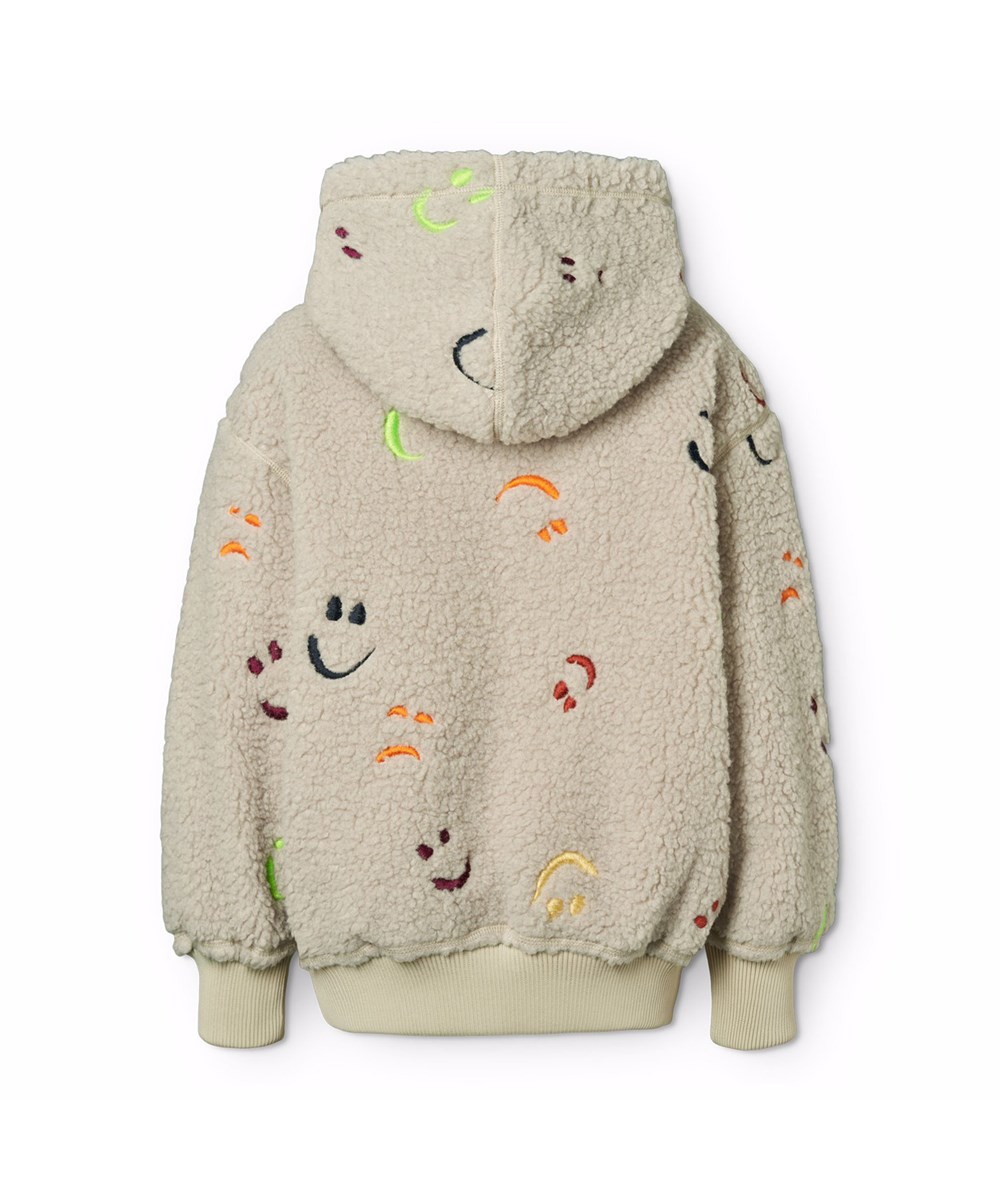 Hazzy - Teddy Emotions - Beige fleecejakke til børn i genanvendt polyester med broderet farverige smilende ansigter.