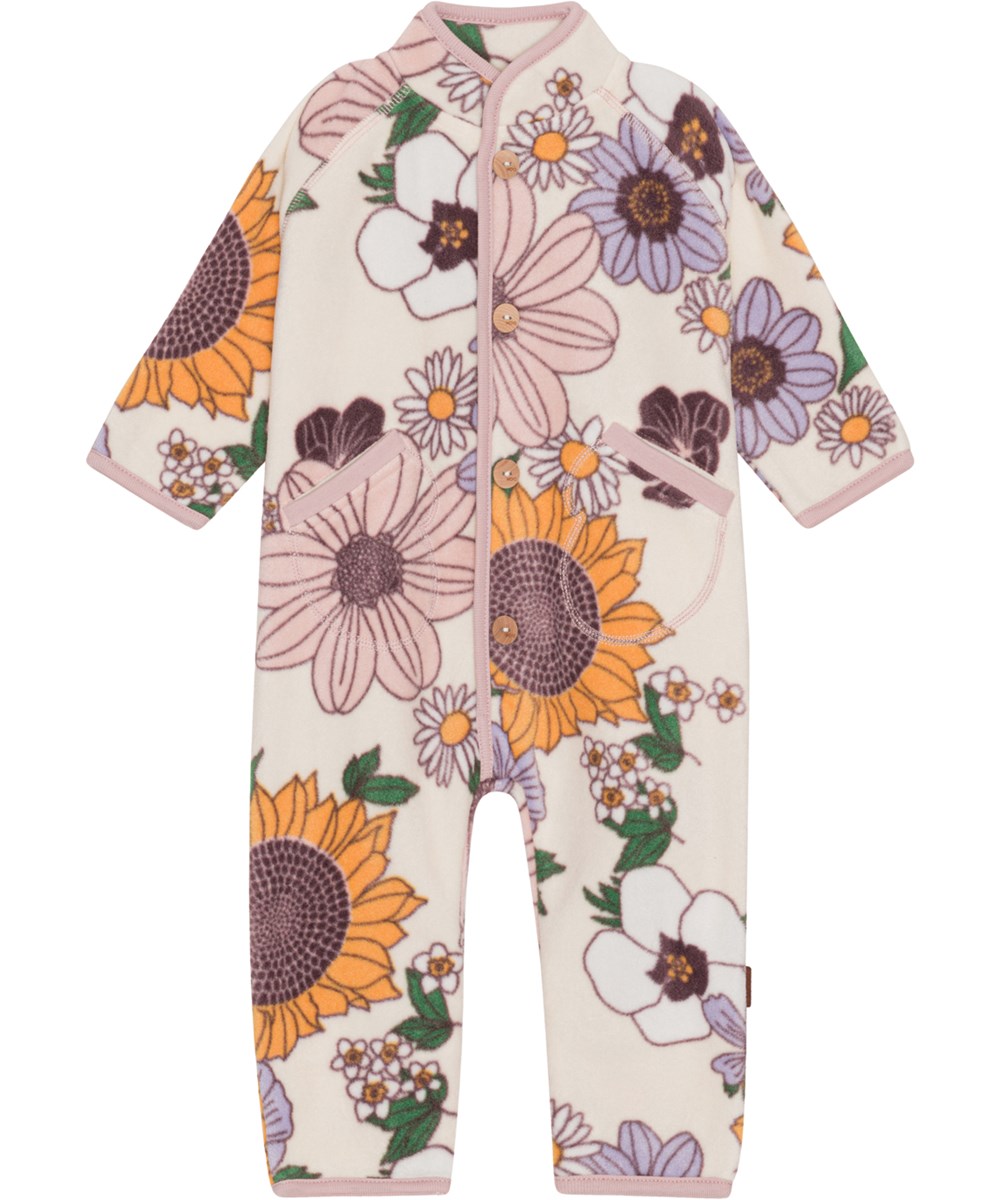 Udo - Retro Bloom - Rosa baby fleecedragt med blomsterprint i 100% genanvendt polyester