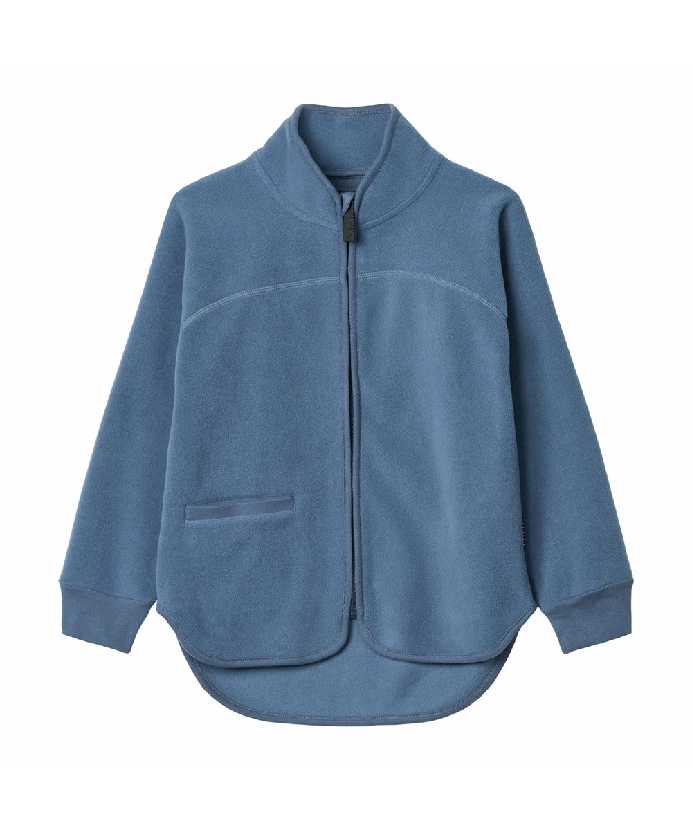 Ulani - Evening Sky - Blå fleecejakke til børn i genanvendt polyester med matchende ribkanter samt en frontlomme.