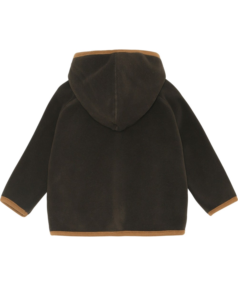 Uli - Deep Oak - Mørkebrun recycled baby fleece jakke med hætte.