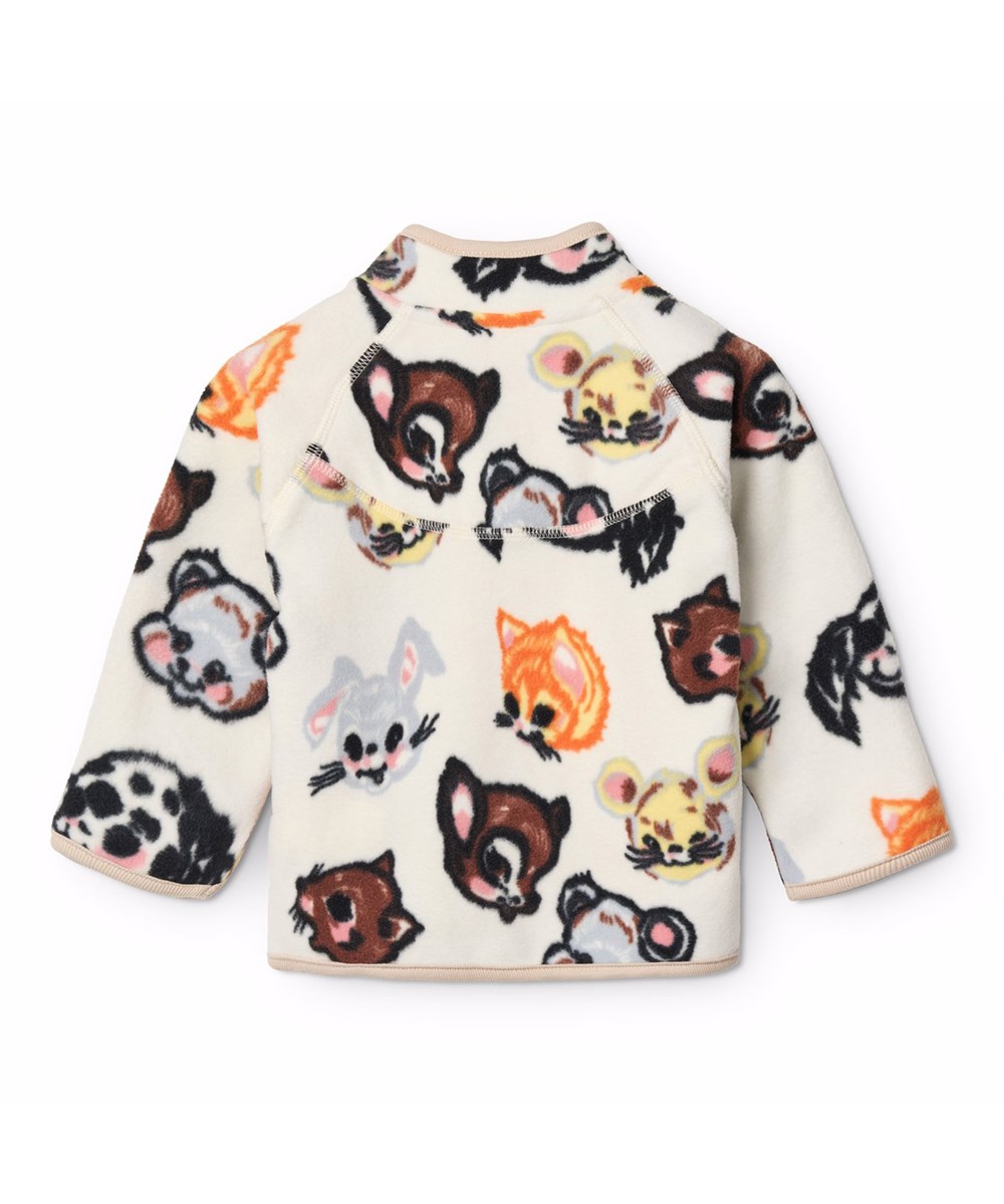 Uli - Itty Bitty Vanilla - Hvid fleecejakke til de mindste i genanvendt polyester med et print af farverige dyr fra gamle tegnefilm.