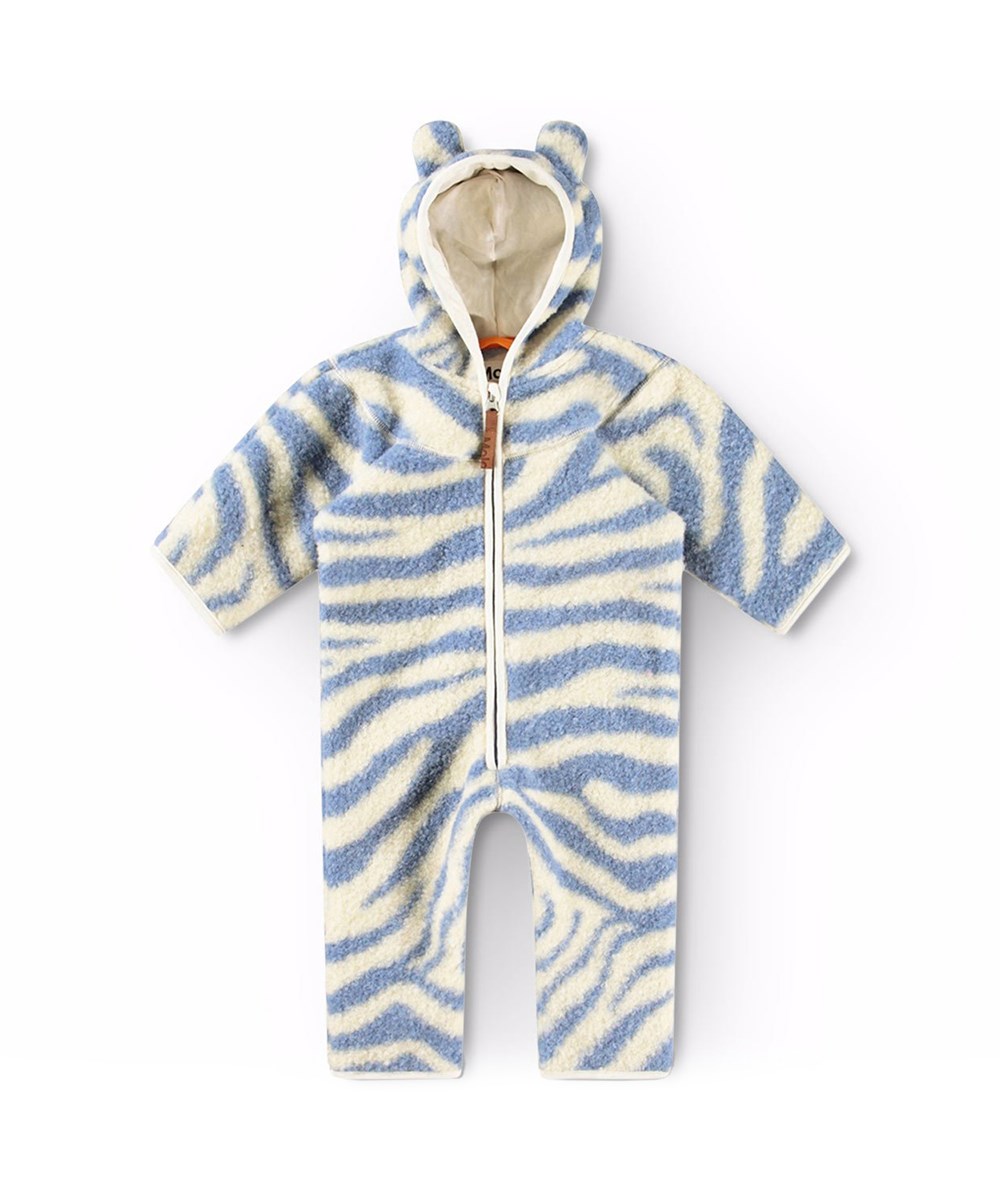 Umeko - Zebra Blue - Zebrastribet babydragt i fleece med bamseører