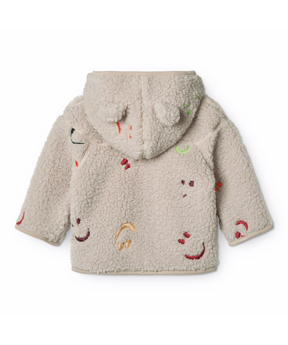 Ummi - Teddy Emotions - Beige fleecejakke til de mindste i genanvendt polyester med farverige broderet smilende ansigter.