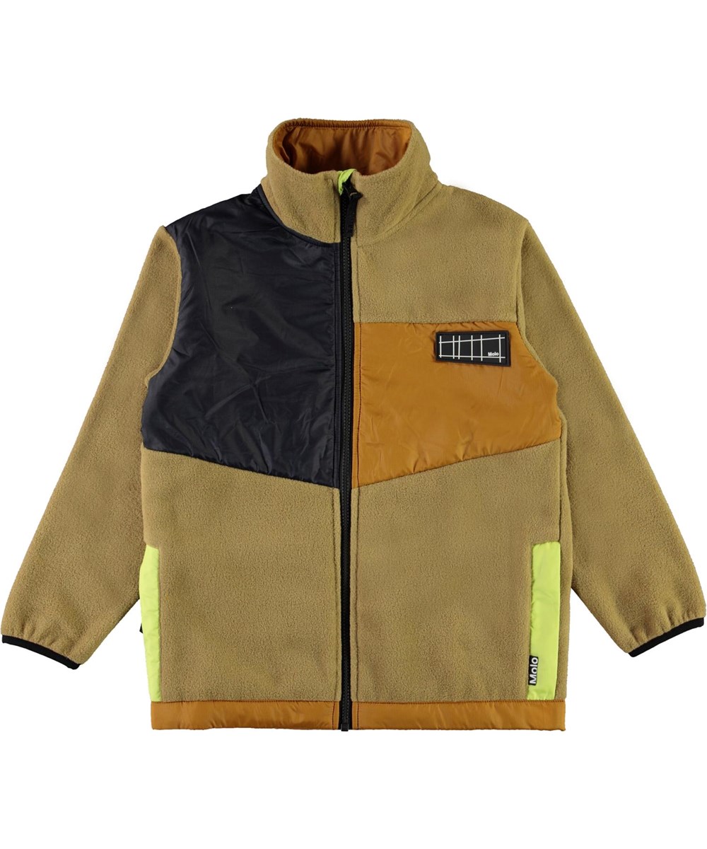 Urbain - Khaki - Beige fleecejakke med neon grøn