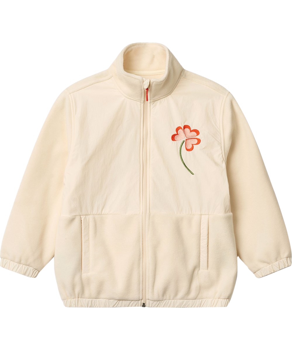 Utta - Pearled Ivory - Råhvid fleecejakke i genanvendt polyester med med blomsterbroderi til børn