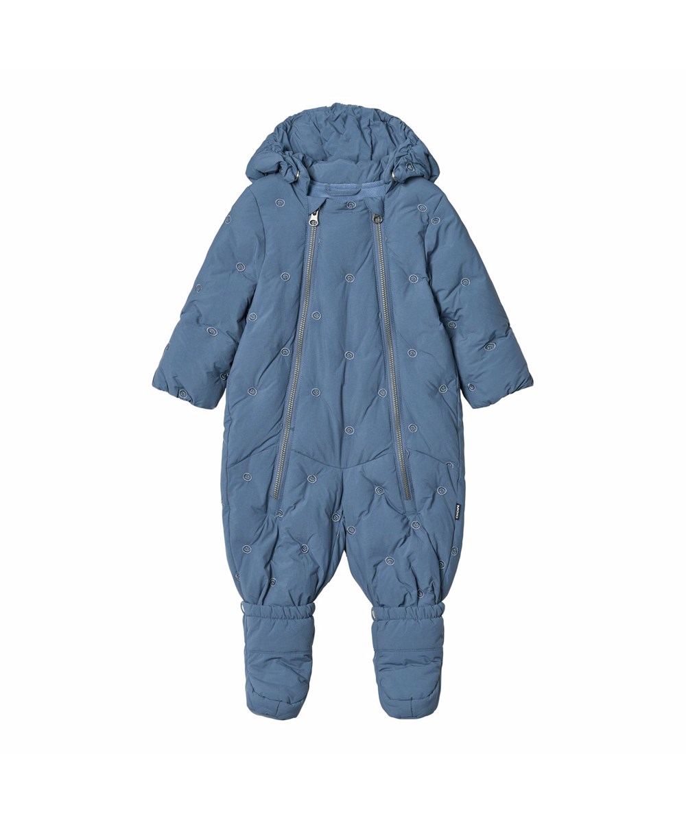 Hebe - Evening Sky - Vandafvisende blå babydragt med små broderet smilende ansigter fremstillet i genanvendt nylon.