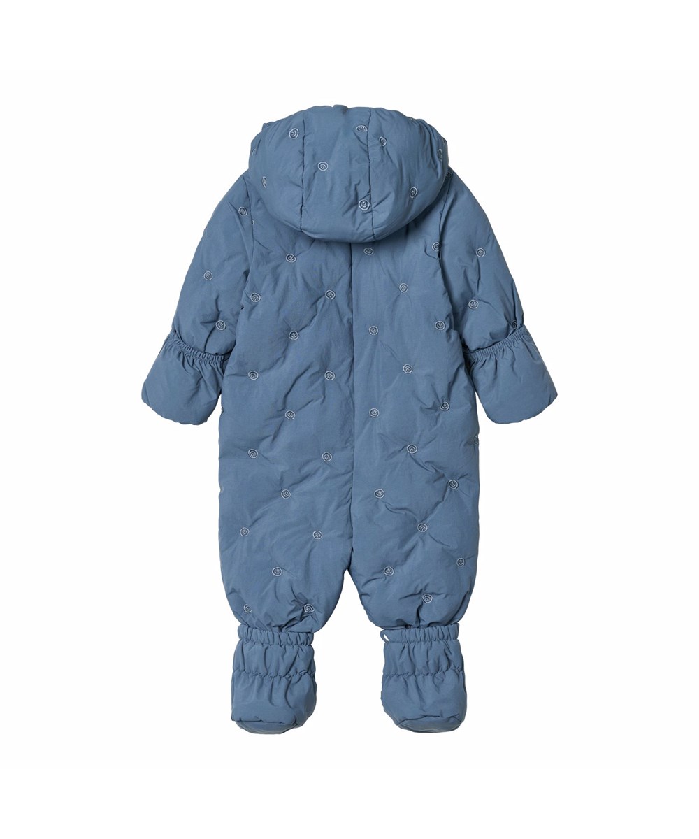 Hebe - Evening Sky - Vandafvisende blå babydragt med små broderet smilende ansigter fremstillet i genanvendt nylon.