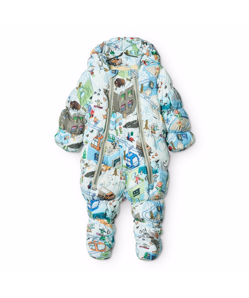 Hebe - Pixel Winter - Varm babydragt med et pixeleret print af den virkelige verden, sjove figurer fra Molo's kollektioner fremstillet i genanvendt polyester.