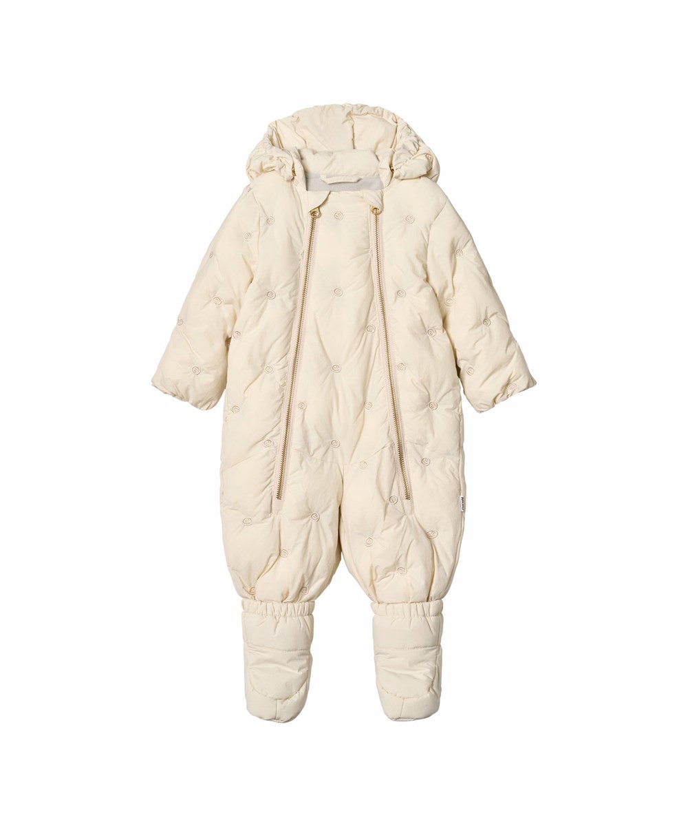 Hebe - White Noise - Vandafvisende blå babydragt med små broderet smilende ansigter fremstillet i genanvendt nylon.