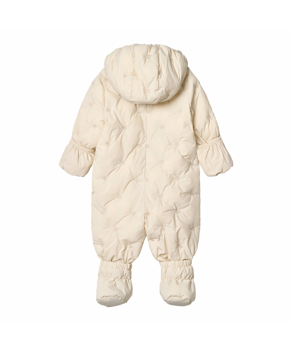 Hebe - White Noise - Vandafvisende blå babydragt med små broderet smilende ansigter fremstillet i genanvendt nylon.