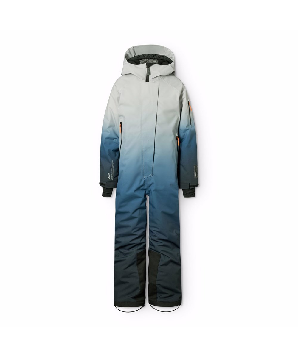 Hux - Blue Ice - Vind- og vandtæt flyverdragt i blå gradientfarver til en kold vinter eller skiferien til en kold vinter eller skiferien i genanvendt polyester og vatteret med 3M™ Thinsulate™.