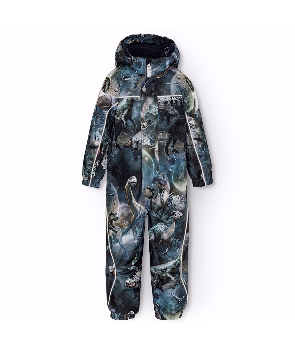 Polaris - Dino In Space - Flyverdragt til en kold vinter i genanvendt polyester, med et print af vilde dinosauer i rummet i mørkeblå og brune nuancer. Dragten er vind og vandtæt og foret med 3M™ Thinsulate™