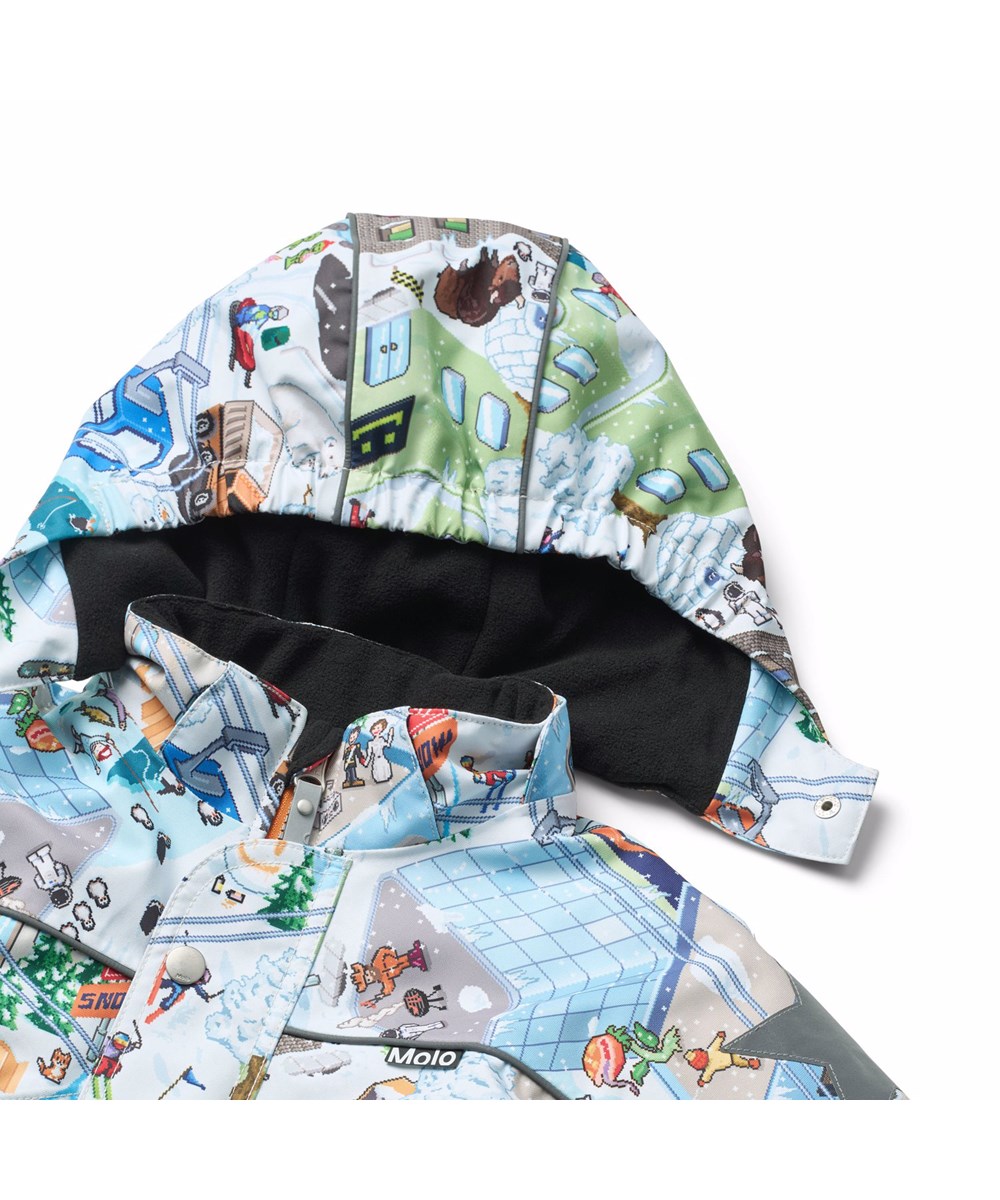 Polaris - Pixel Winter - Vind- og vandtæt flyverdragt med et pixeleret print af den virkelige verden, sjove figurer fra Molo's kollektioner fremstillet i genanvendt polyester og vatteret med 3M™ Thinsulate™.