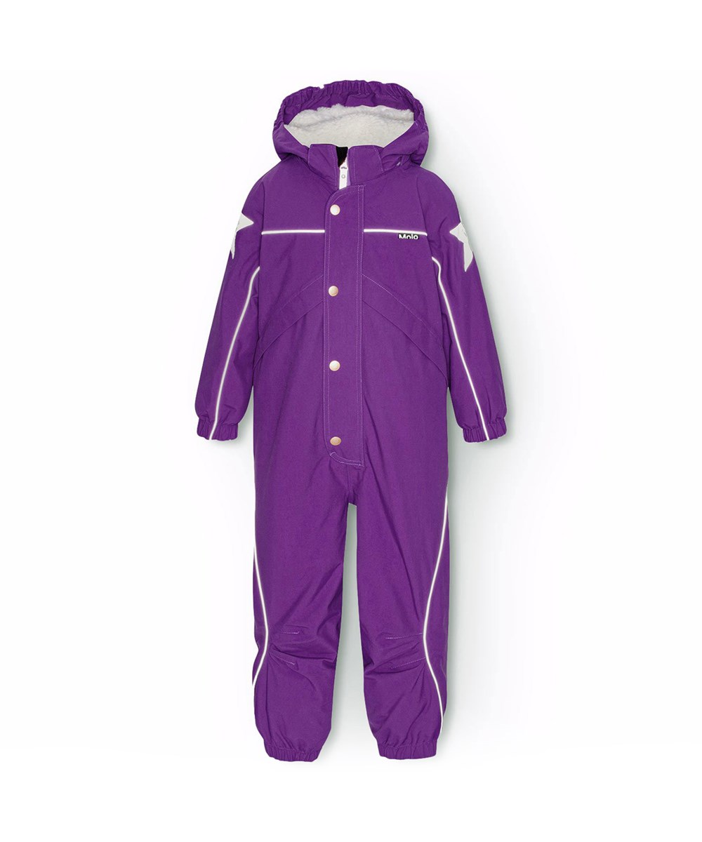 Polaris - Warm Purple - Flyverdragt til en kold vinter i genanvendt polyester, med et print af dinosauer i rummet i blå nuancer. Dragten er vind og vandtæt og foret med 3M™ Thinsulate™