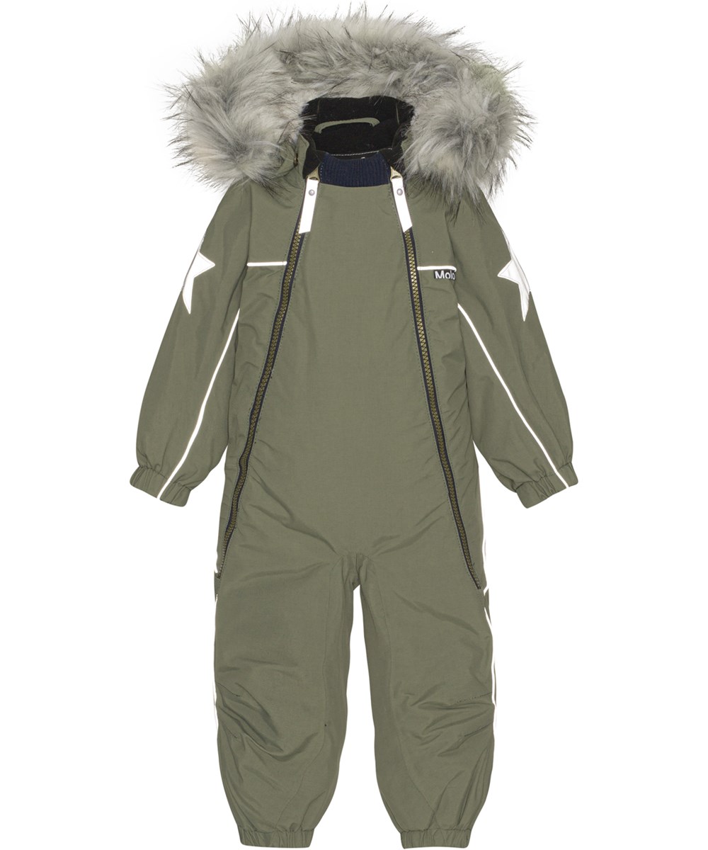 Pyxis Fur - Dusty Green - Recycled flyverdragt i grøn med pelskrave