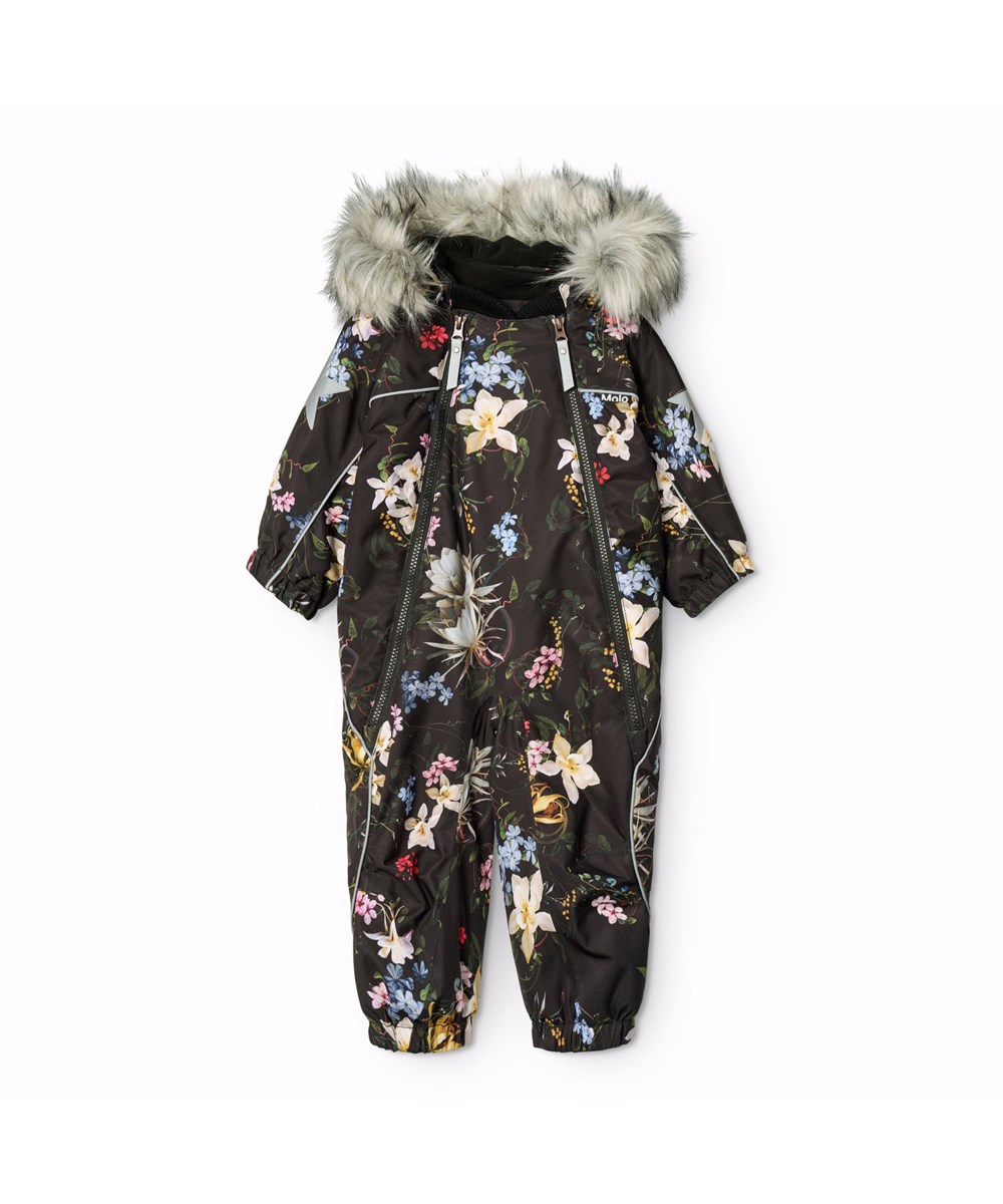 Pyxis Fur - Paisley Flowers - Sort vind- og vandtæt flyverdragt til en kold vinter med et farverigt blomsterprint fremstillet i genanvendt polyester og vatteret med 3M™ Thinsulate™.