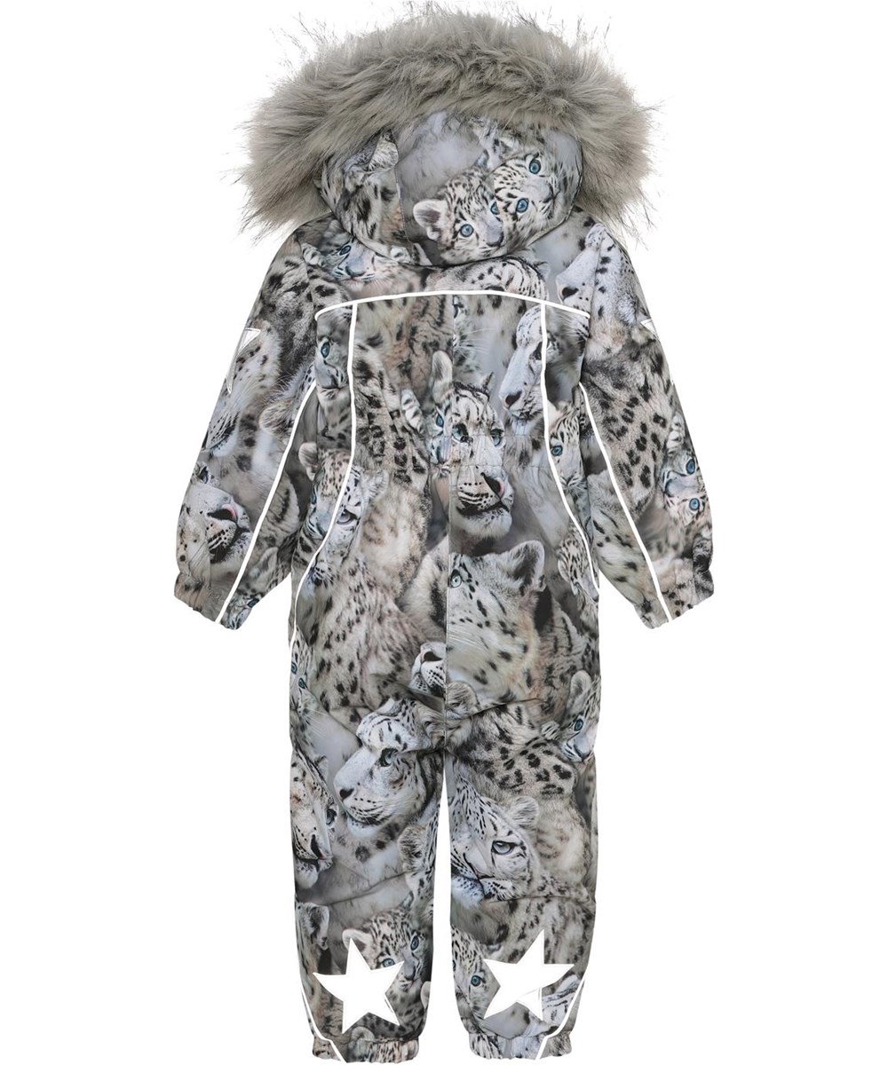 Pyxis Fur - Snowy Leopards - Recycled baby flyverdragt i grå med sneleoparder