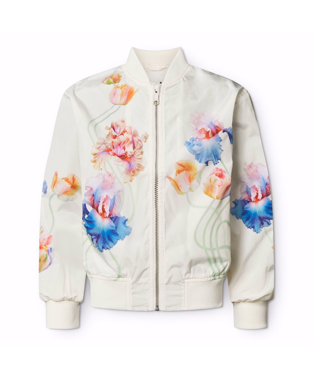 Haliva - Tullips White - Hvid, vandafvisende (PFC-fri: PFOS og PFOA) bomberjakke til børn i genanvendt polyester med et farverigt print af kunstneriske blomster.