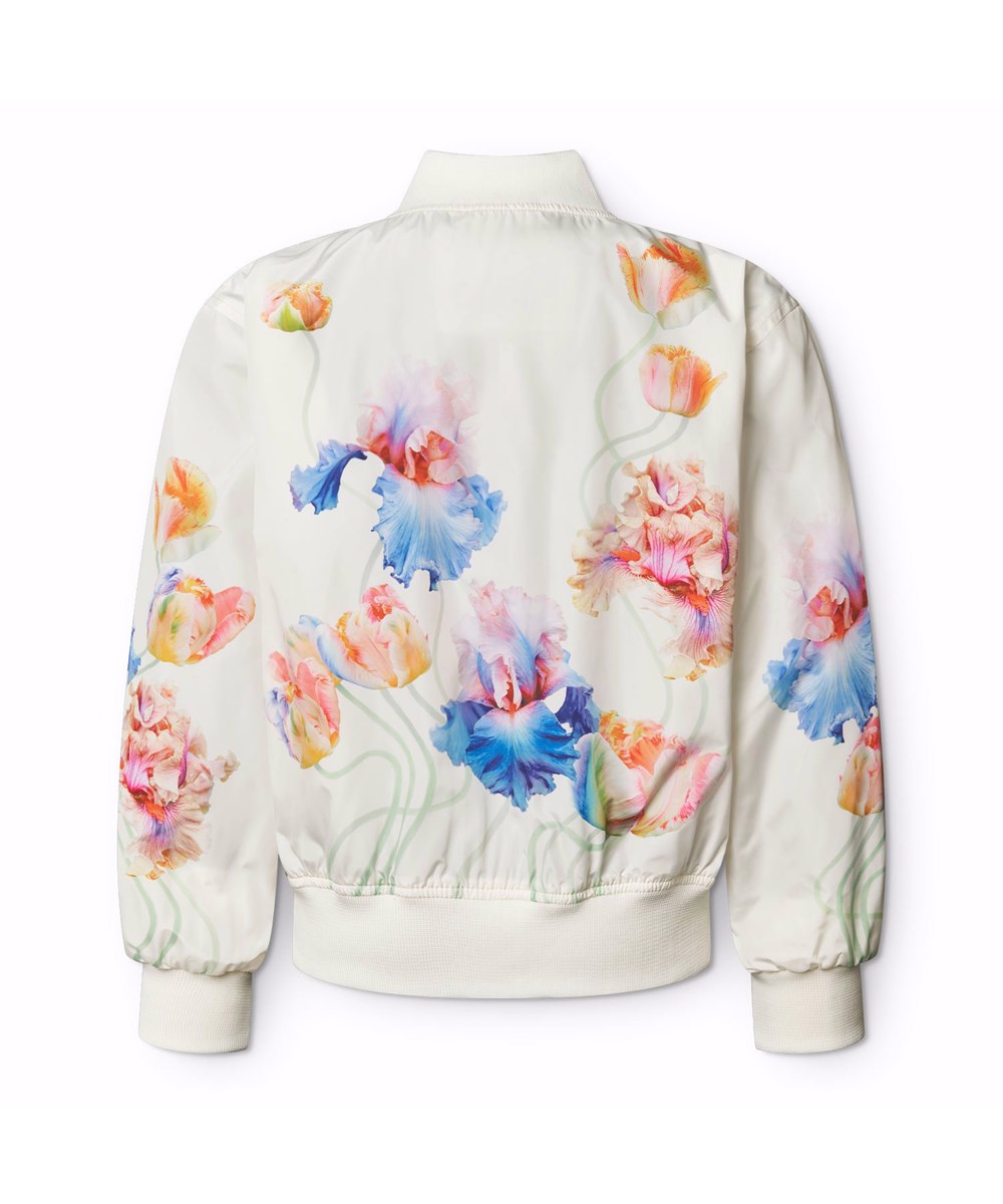 Haliva - Tullips White - Hvid, vandafvisende (PFC-fri: PFOS og PFOA) bomberjakke til børn i genanvendt polyester med et farverigt print af kunstneriske blomster.