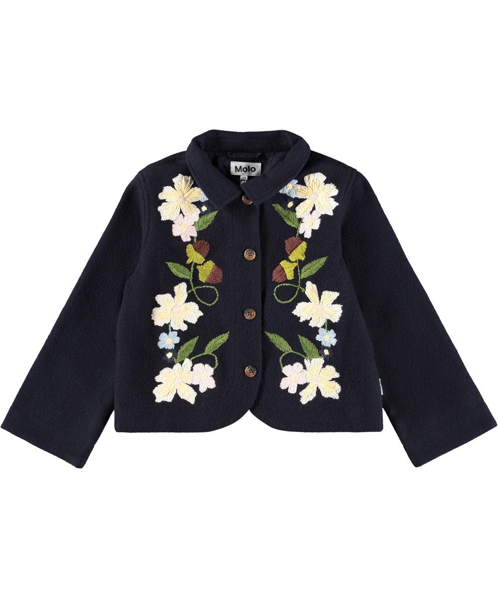 Harmoney - Forest Bloom - Mørkeblå uldjakke til børn med elegant broderi på fronten.