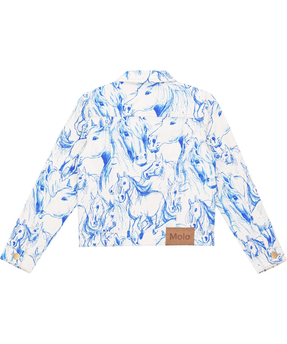 Heidi - Blue Horses - Hvid denimjakke til børn med print af heste.