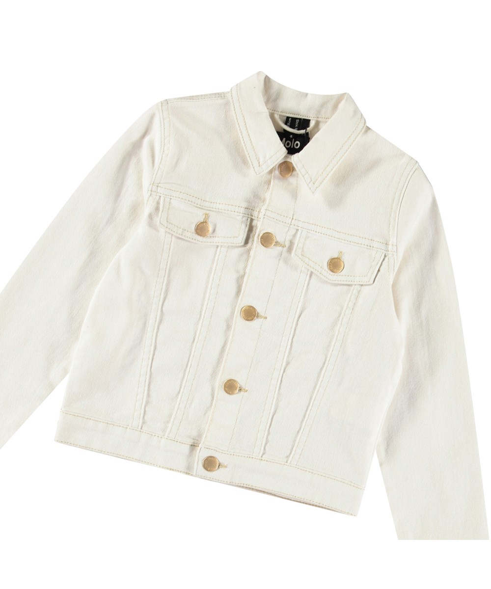 Heidi - Crisp White - Hvid denimjakke til børn med dekorative stikninger. Jakken har en tætsiddende pasform, skjortekrave, guldfarvet knapper på fronten, lommer og ved håndleddene.