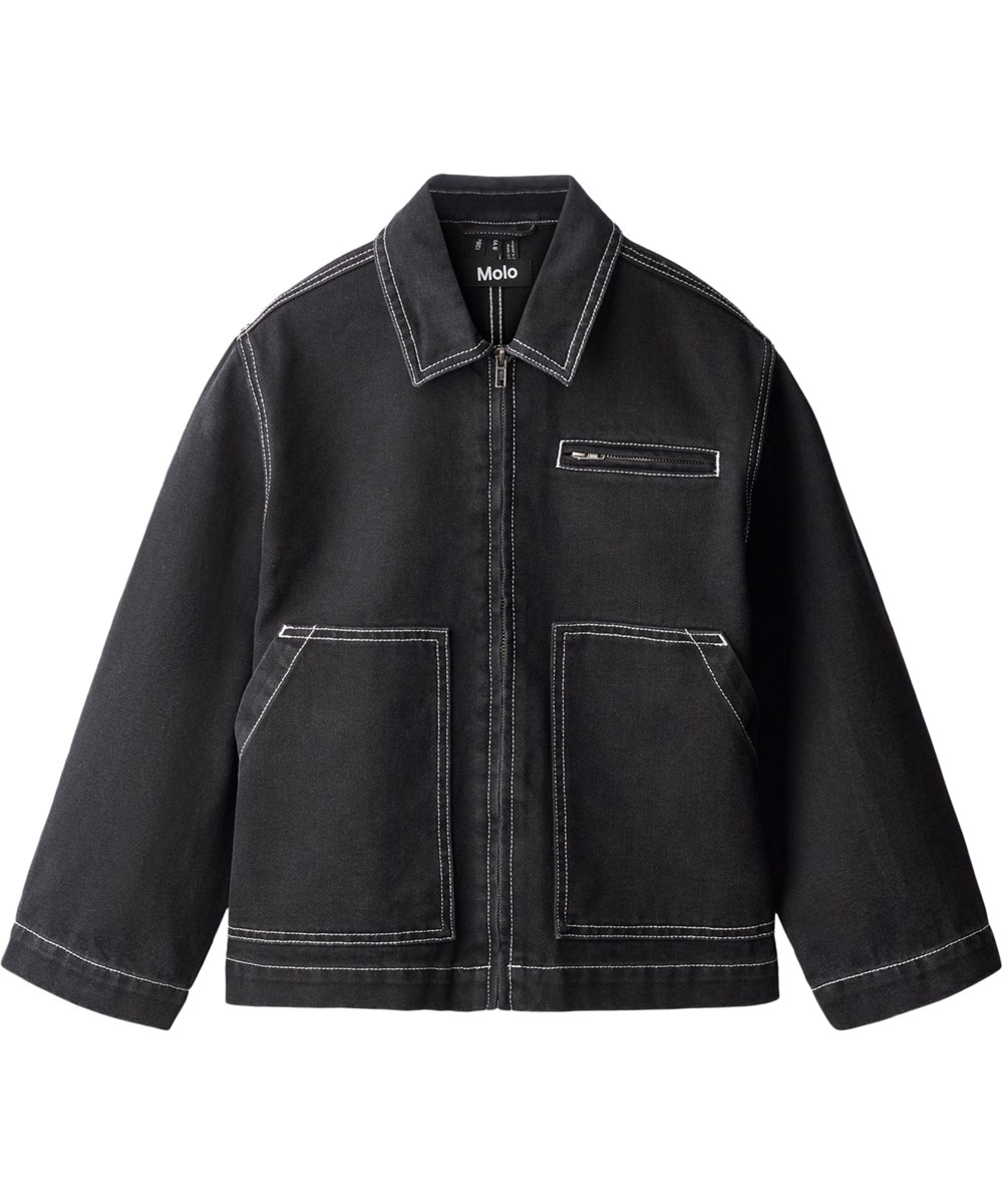 Hetson - Washed Black - Sort denim jakke i økologisk bomuld med lynlås til børn