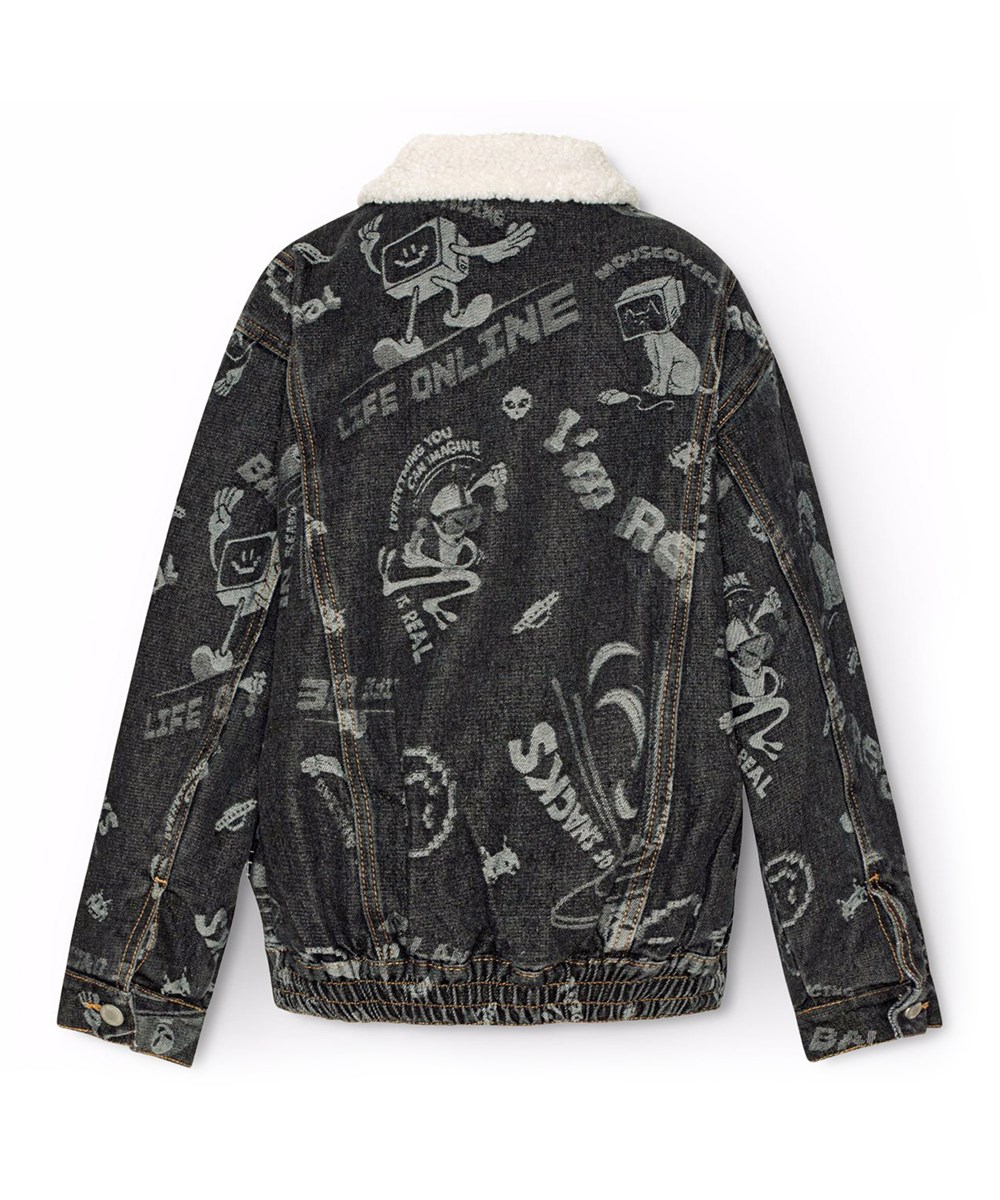 Hiro - Comic Jacquard - Stilfuld sort denimjakke med et lyst comic-print