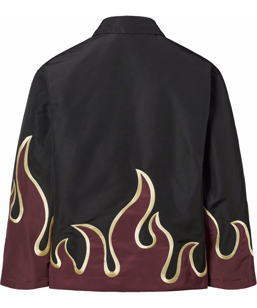 Hotson - Hot - Sort jakke til børn med bordeaux flammer i blankt polyester.