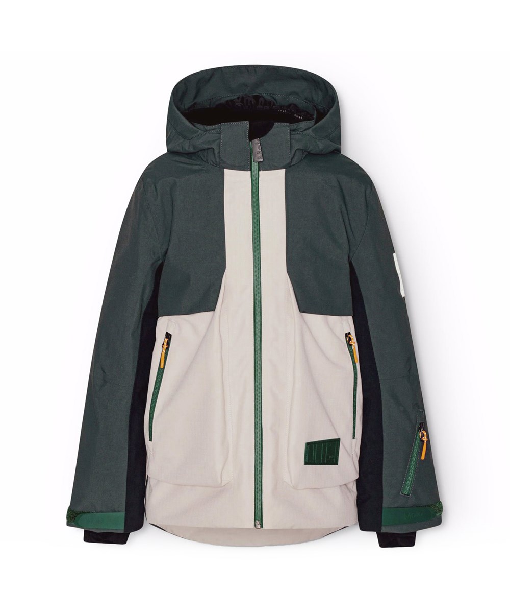 Alpine - Block - Petroliumsgrøn og sandfarvet vind- og vandtætte skijakke i genanvendt polyester, foret med fleece og 3M™ Thinsulate™