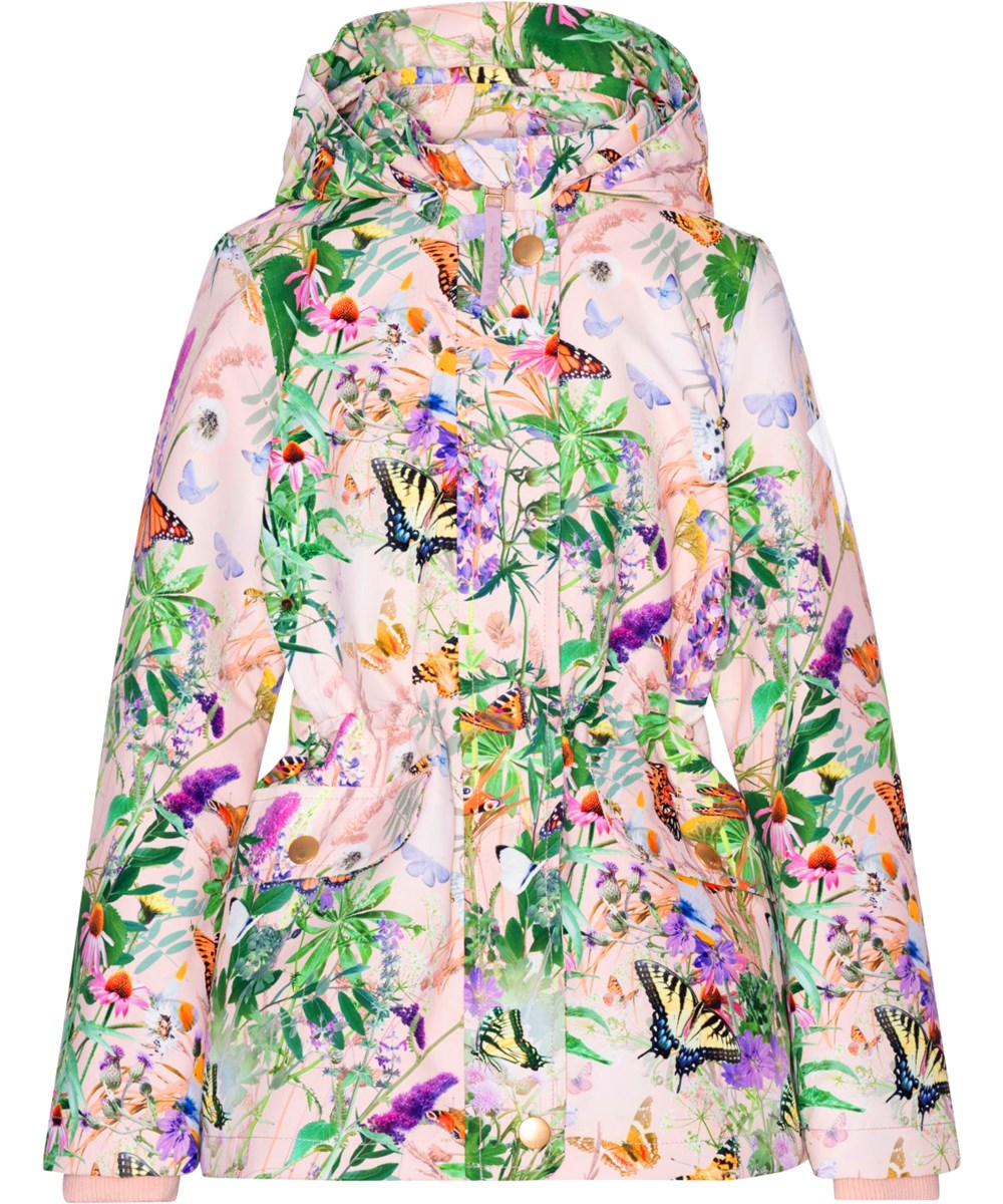 Carole - Wild Butterflies - Lyserød parkajakke til børn i delvist genanvendt polyester med print af blomster og sommerfugle.