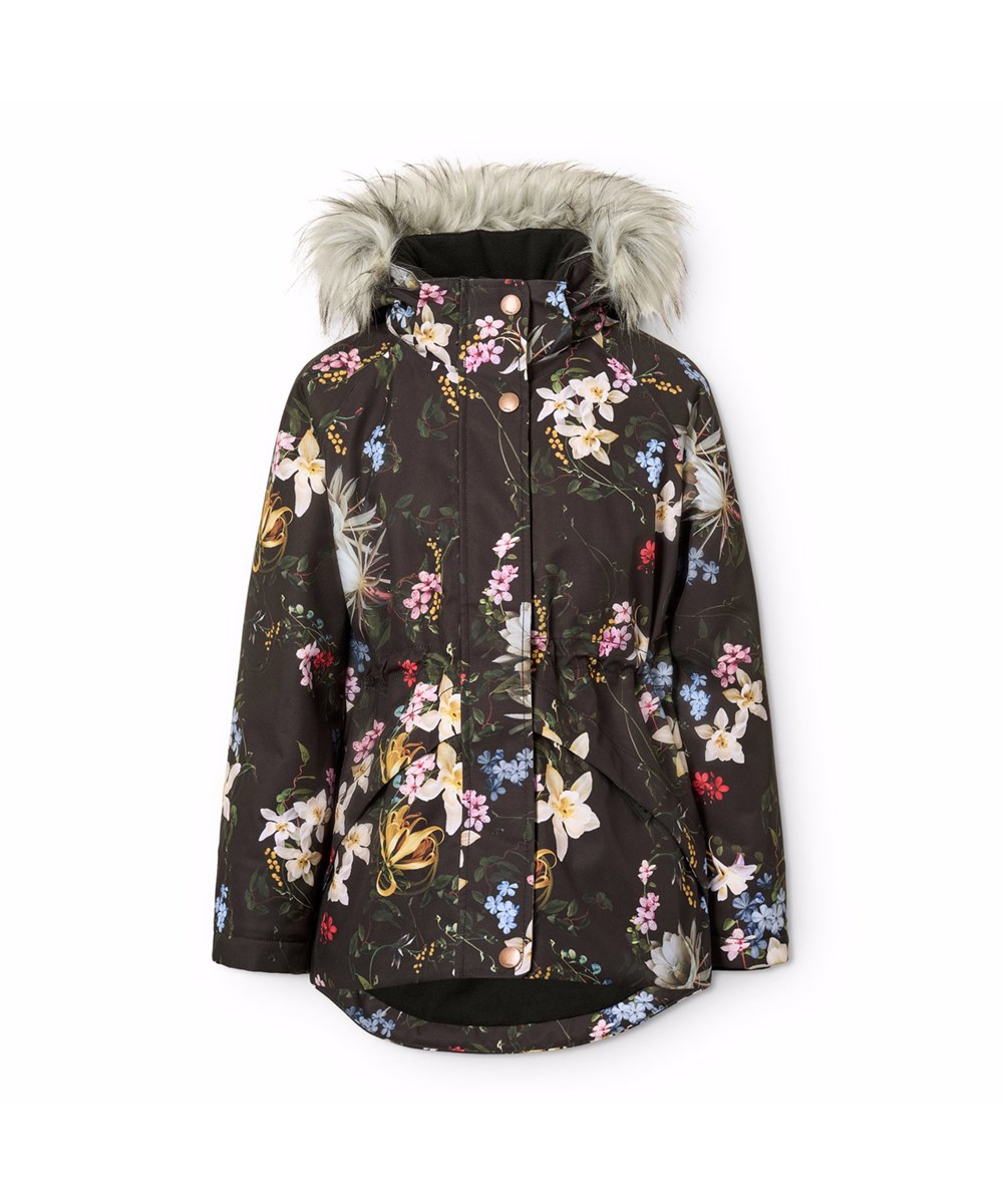 Cathy Fur - Paisley Flowers - Sort vind- og vandtæt vinterjakke til børn i genanvendt polyester samt vatteret med 3M™ Thinsulate™.