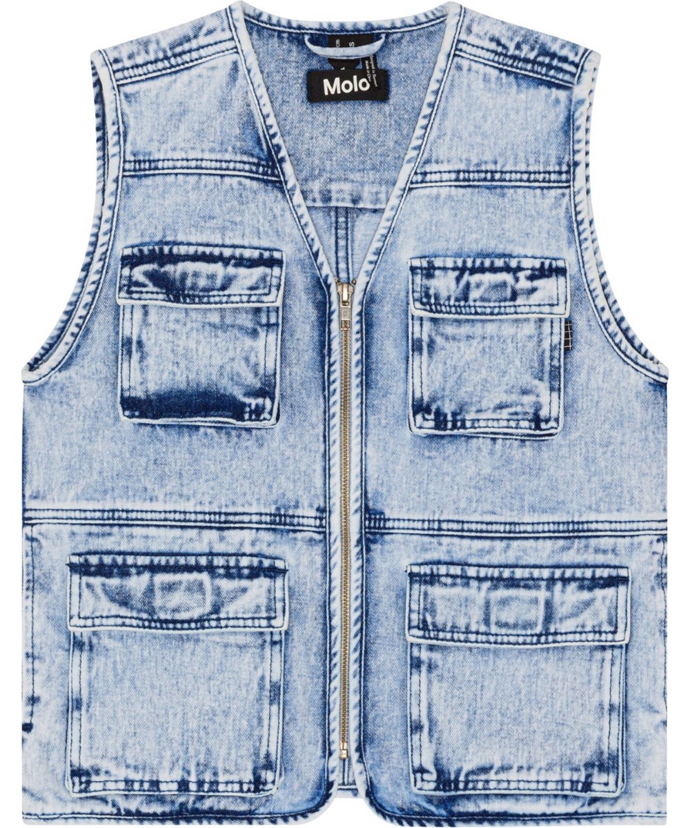 Haikon - Light Stone Denim - Lange, blå denimshorts med acid wash look.