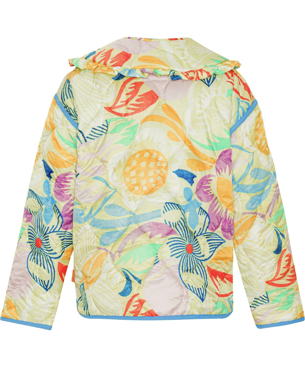 Hailey - Charleston Floral - Vatteret sommerjakke til børn i lysegul med blomsterprint og aftagelig flæsekrave.