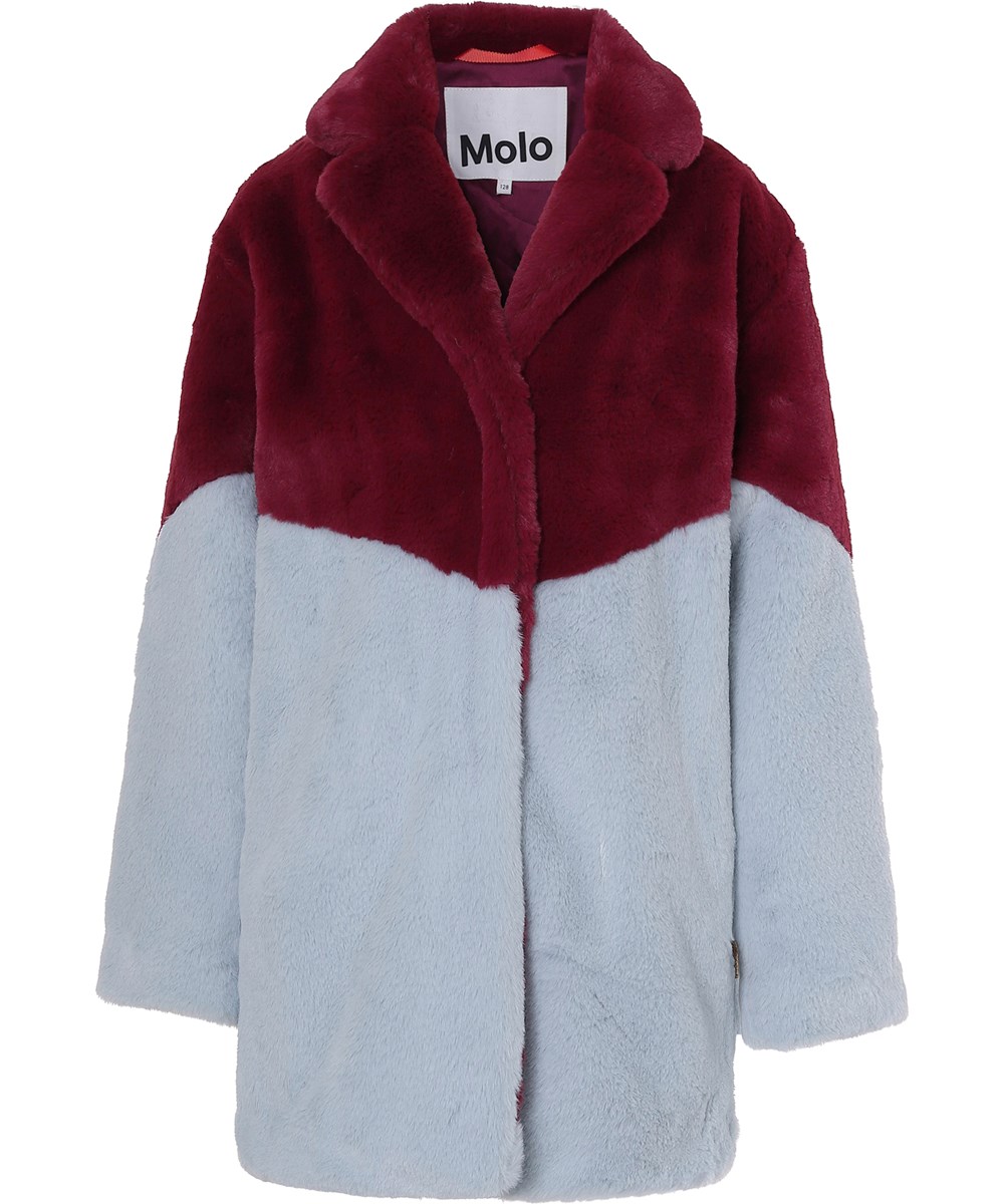 Haili - Sumak - Mørkerød og lyseblå faux fur frakke