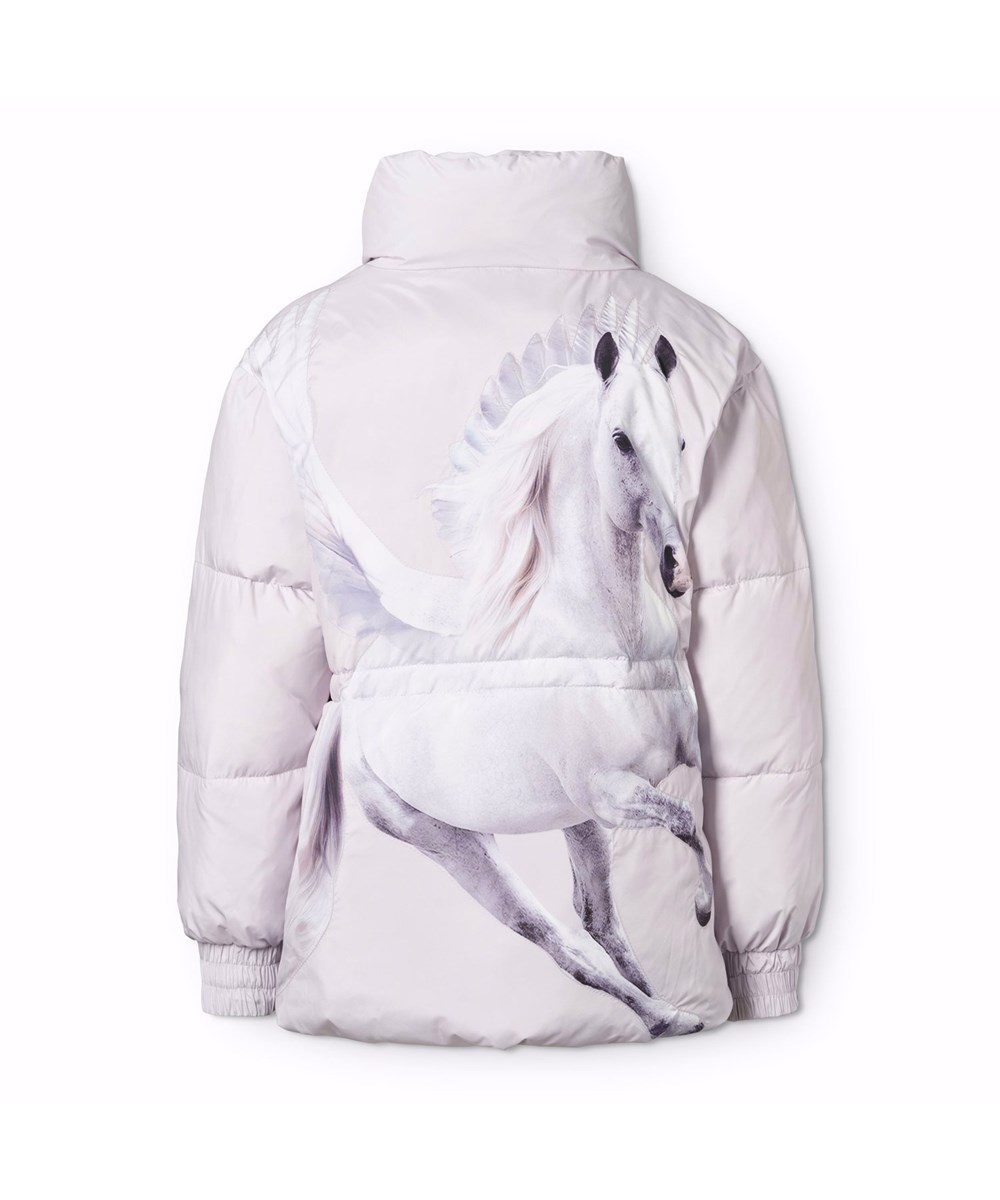 Hally - Lilac Marble - Vandafvisende sort jakke til børn i genanvendt polyester med en hvid pegasus på ryggen.