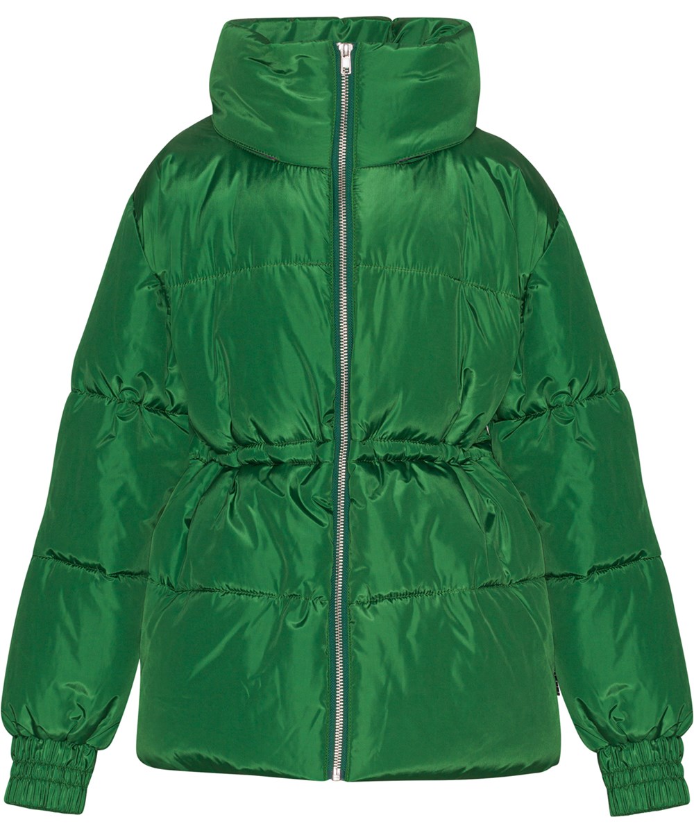 Hally - Woodland Smiles - Grøn pufferjakke med print af hvide smileyer på ryggen