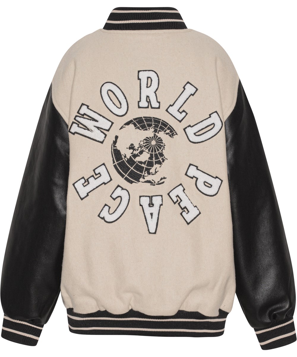 Hani - Sandy - Baseball jakke i beige med et sort peace-broderi