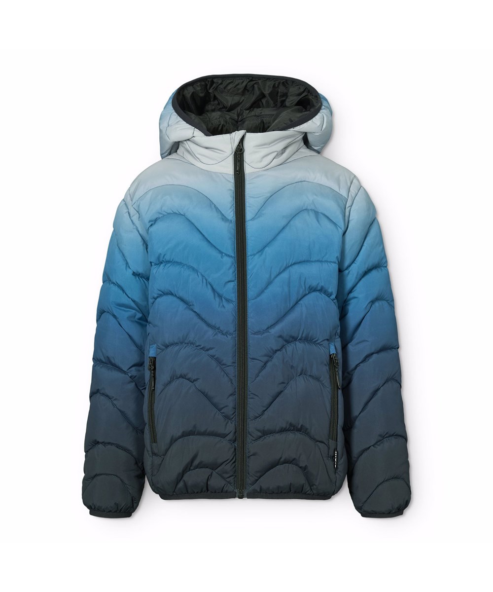 Hao - Blue Ice - Vandafvisende vatteret jakke til børn i genanvendt polyester i blå gradientfarver.